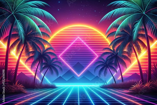Illustration of a tropical background in neon light in retro style