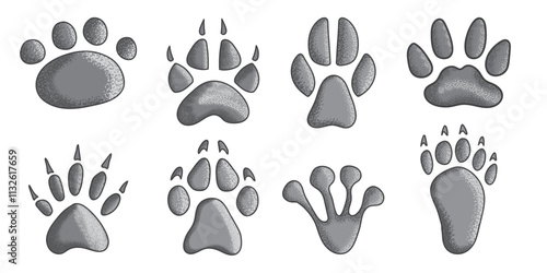 Set of hand drawn footprints in doodle style. Traces of animals. Wild animal feet silhouette.Vector graphic elements