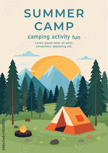 Summer camp promo flyer. Camping in nature, picnic, traveling, hiking. Design for template, banner, poster, website, flyer.