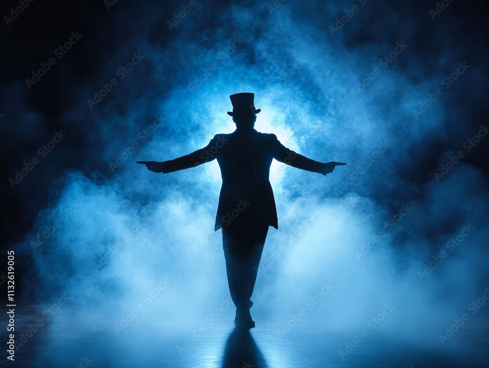 Fototapeta premium Silhouette of magician appearing dramatically through blue smoke on stage.