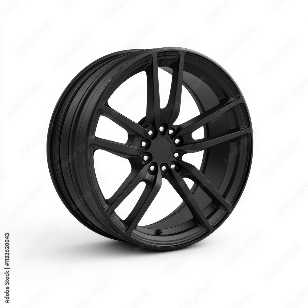 Obraz premium High-Performance Split-Spoke Alloy Wheels with Satin Black Finish for Sports Cars on White Background - Photorealistic Image