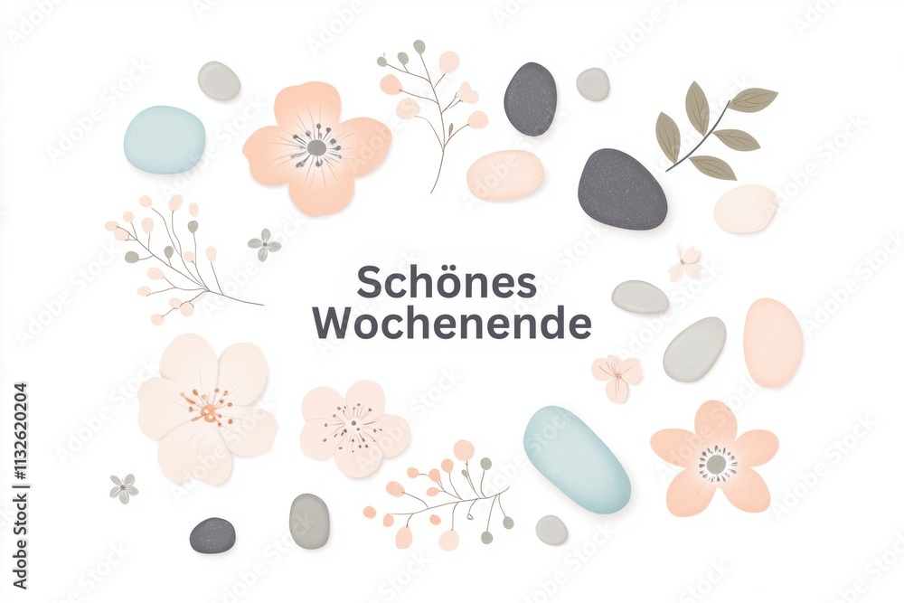 Fototapeta premium Ein dekoratives Arrangement mit Blumen und Steinen wünscht ein schönes Wochenende.