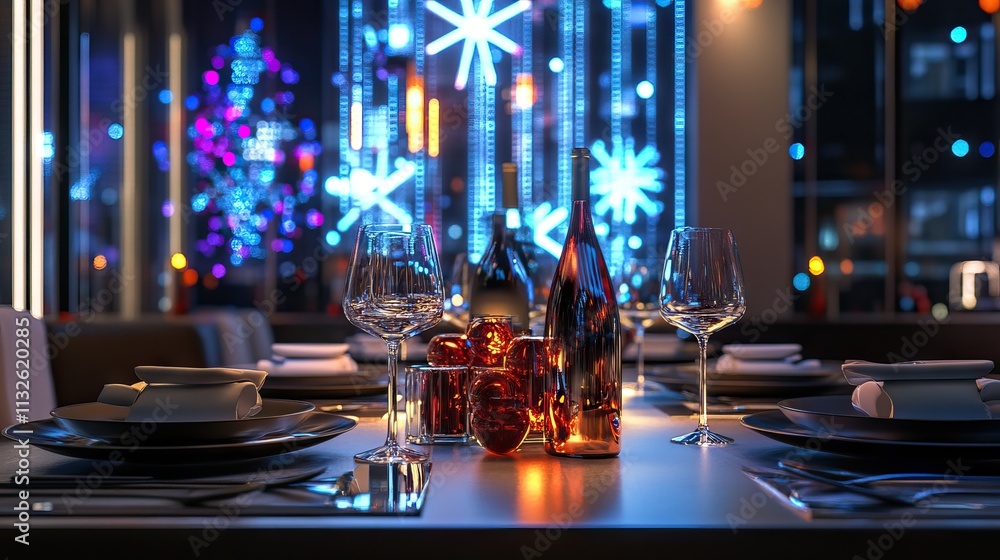 Obraz premium Sophisticated festive table with bottle centerpiece.