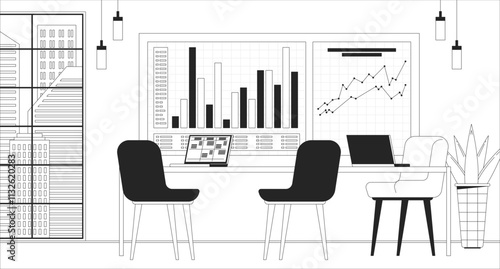 Chart whiteboard conference room empty black and white line illustration. Office table chairs 2D interior monochrome backdrop. Project management. Bar graphs, data visualization board outline vector