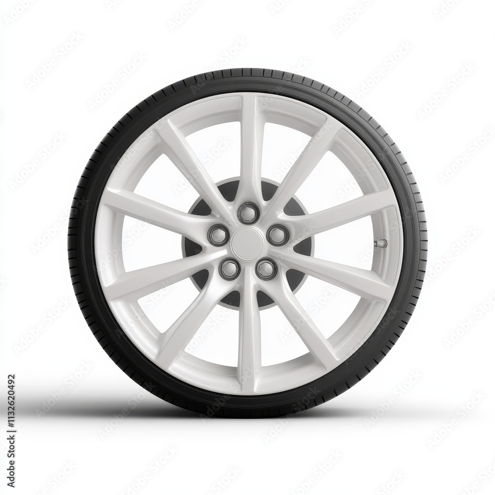 Obraz premium Sleek High-Tech Center Lock Wheels with Satin Silver Finish on White Background, Photorealistic Rendering