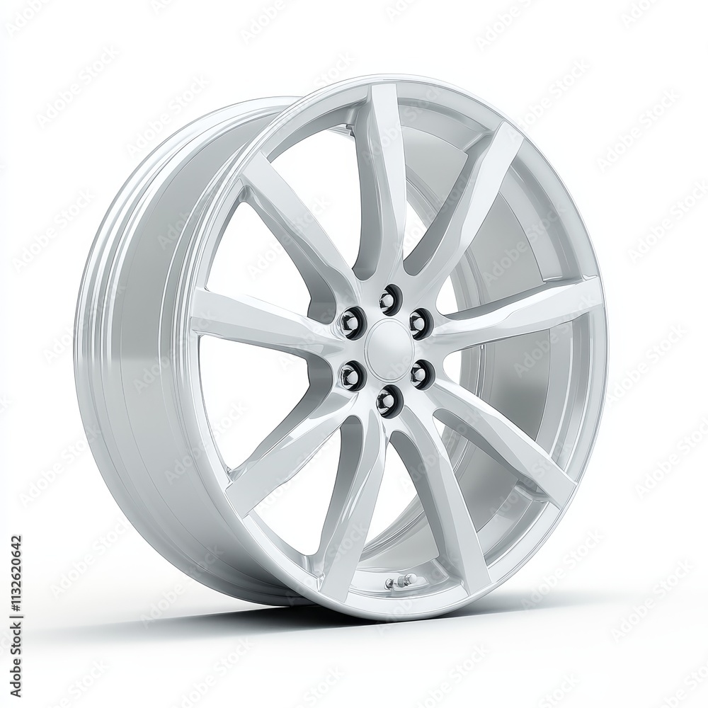 Fototapeta premium Elegant Turbine Wheels with Polished Chrome Finish and Detailed Engravings on White Background, Photorealistic Car Rim Design