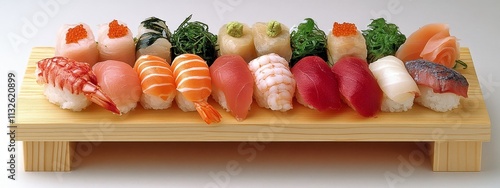 Elegant Sashimi and Nigiri Seafood Display on Wooden Board photo