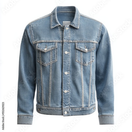 Vintage Rugged Denim Jacket in Medium Blue on White Background - Photorealistic Unisex Outerwear with Faded Finish and Distressing Detail photo