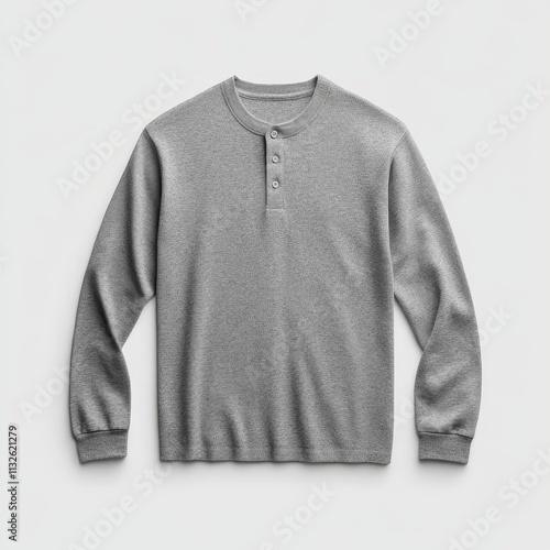 Classic Cotton Henley Shirt in Deep Charcoal Grey - Photorealistic Men's Long Sleeve Shirt with Buttoned Cuffs and Ribbed Texture on White Background