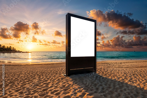 Mock-up poster large screen billboard on sandy tropical sea beach, sunset background. Advertising white display mockup banner. Text template. Presentation board, big promo blank. Copy ad text space photo