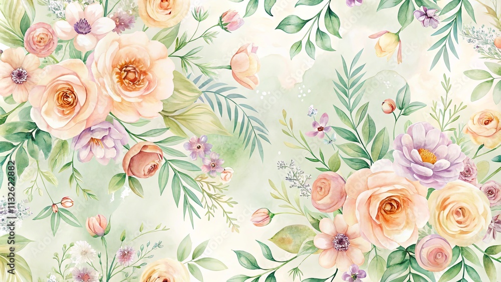 Fototapeta Elegant Watercolor Floral Design Featuring Soft Peach and Lavender Roses and Delicate Greenery