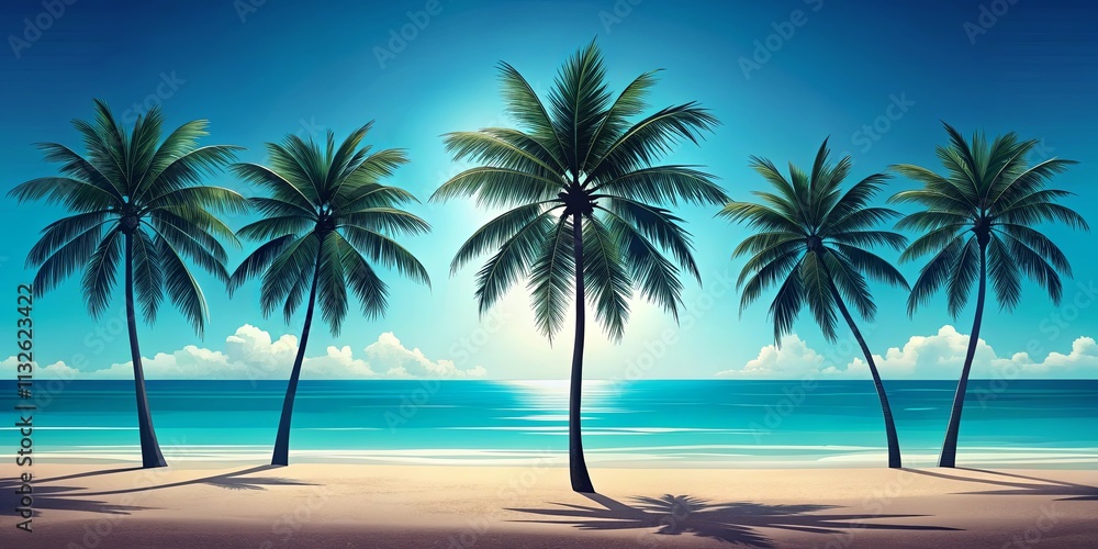 Obraz premium Serene tropical beach scene with four palm trees casting shadows on the sand under a vibrant blue sky