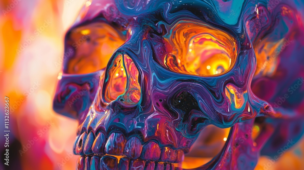Fototapeta premium Vibrant skull illustration painted with tropical hues, swirling patterns, glowing accents, radiating warmth, energy, and exotic flair.