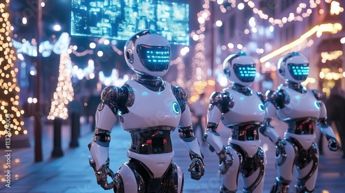 Futuristic robots stroll through festive city street photo