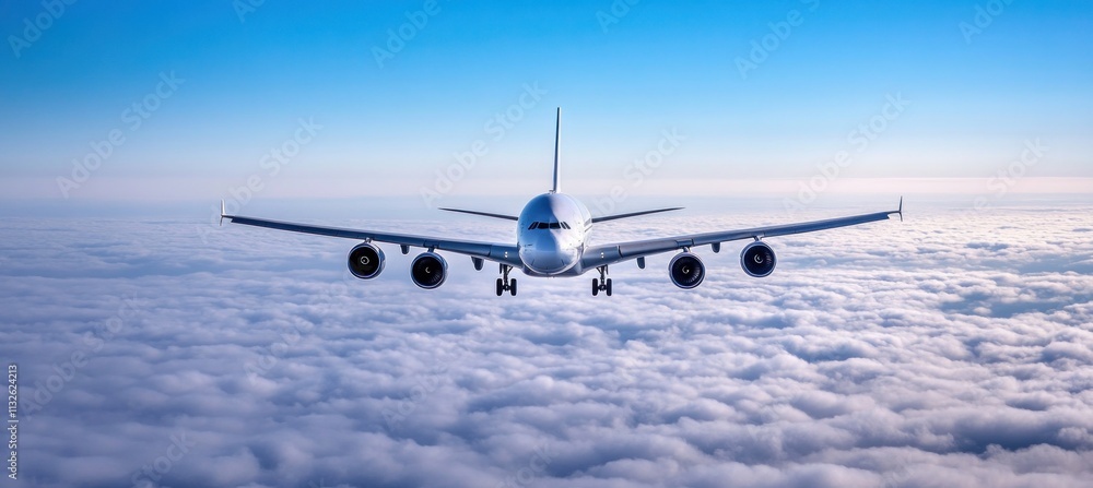 Fototapeta premium Passenger airplane flying above clouds on blue sky background