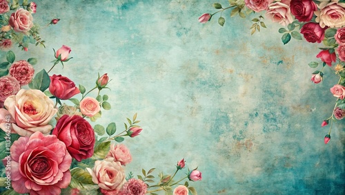 Elegant Vintage Floral Design with a Textured Teal Background Perfect for Wedding Invitations or Romantic Announcements