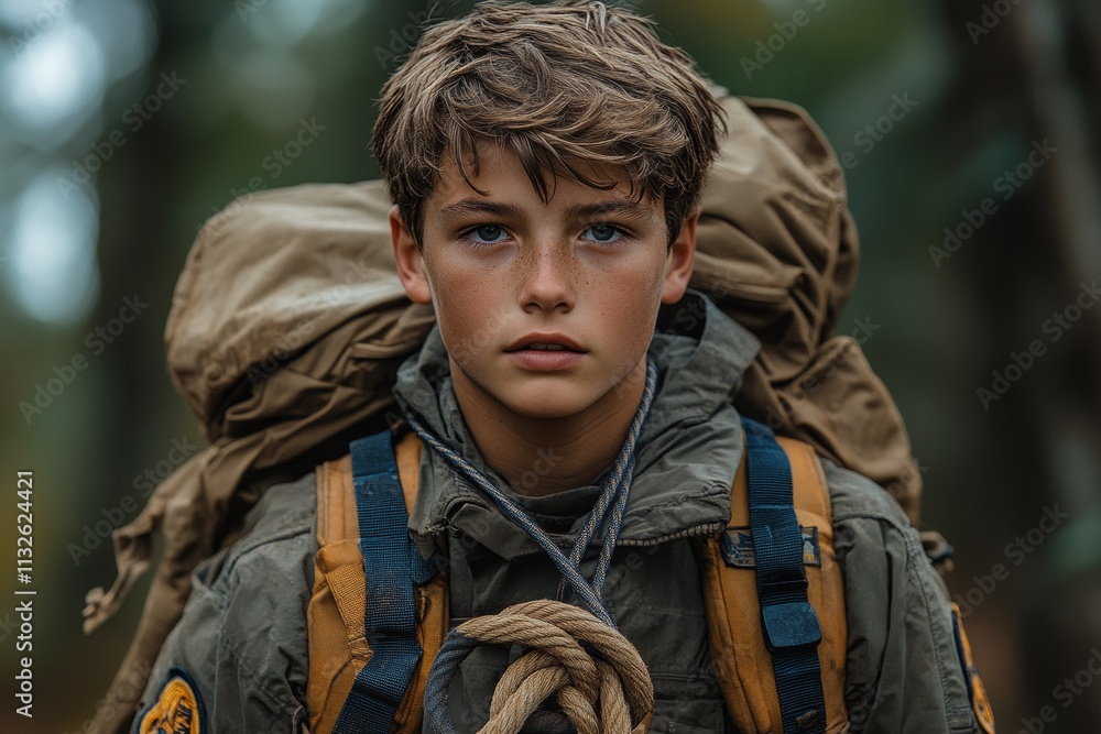 Obraz premium A Boy Scout learning to tie knots with a rope, emphasizing practical skills. Generative AI
