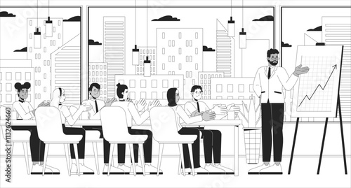 Company results celebration black and white line illustration. Multicultural colleagues clapping in boardroom 2D characters monochrome background. Celebrating success in workplace outline vector image