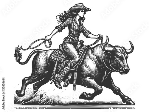 Pin-up woman bull cowgirl in full rodeo action, riding bull with a lasso sketch engraving generative ai fictional character vector illustration. Scratch board imitation. Black and white image.