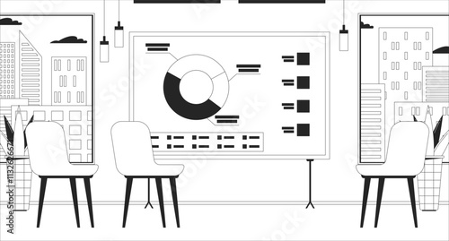 Empty lecture room charts presentation board black and white line illustration. Office chairs around whiteboard indoors 2D interior monochrome backdrop. Analytics corporate diagram outline vector