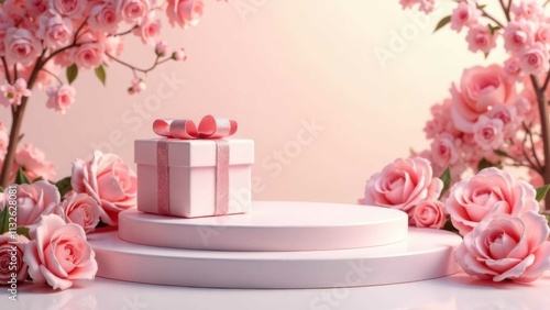 podium display, pastel pink background with flowers and gift box with a lace ribbon. Minimal pedestal for beauty, cosmetic product. Valentine, Women's day, Mother's day