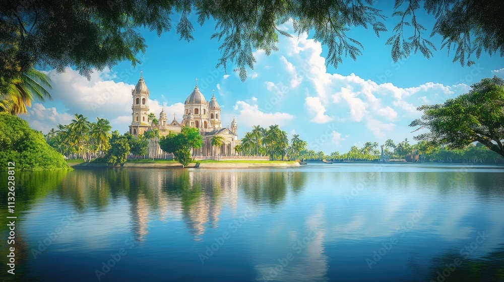 Obraz premium Serene view of a majestic church on a tranquil lake, surrounded by lush greenery under a vibrant blue sky. The reflection of the building in the calm water creates a picturesque scene.
