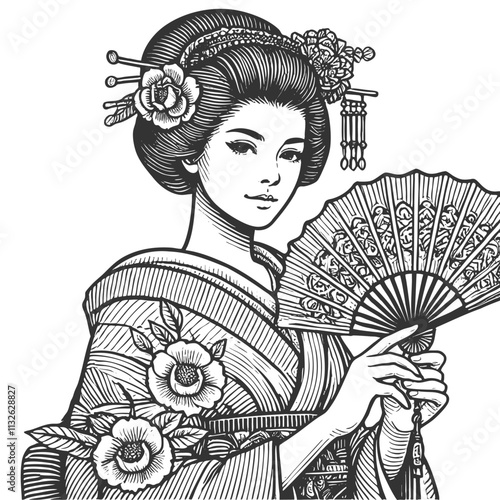  graceful geisha in traditional attire, adorned with flowers and hairpins, holding a decorative fansketch engraving generative ai vector illustration. Scratch board imitation. Black and white image.