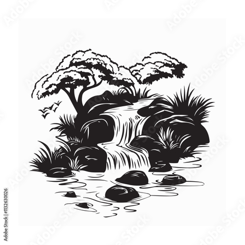 Little creek flowing in the cloud forest image vector isolated on white background.