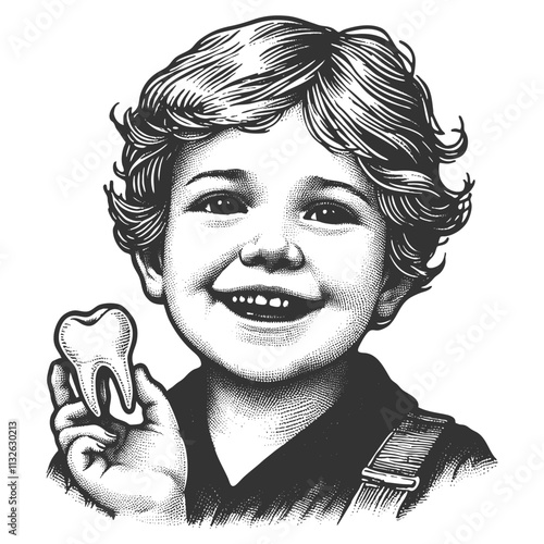 smiling child holding a tooth, symbolizing childhood milestones like losing baby teeth and dental health sketch engraving generative ai vector illustration. Scratch board. Black and white image.