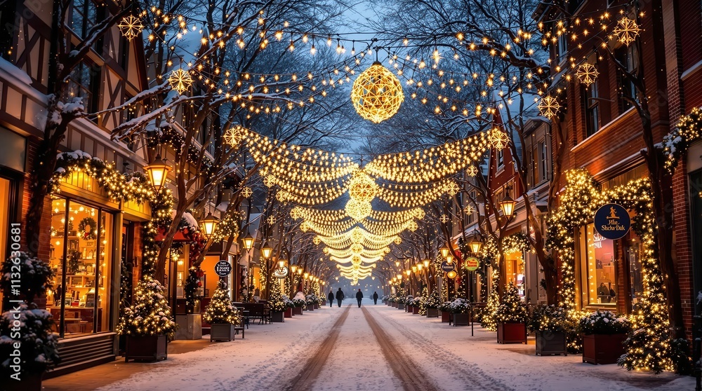 Obraz premium A magical winter scene showcasing a festive street adorned with twinkling lights and Christmas decorations, perfect for capturing the holiday spirit