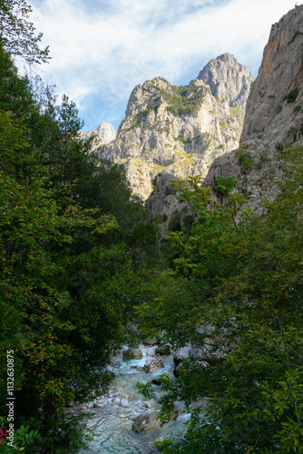 Cares River flowing through the mountains of the Picos de Europa in Asturias, Spain.