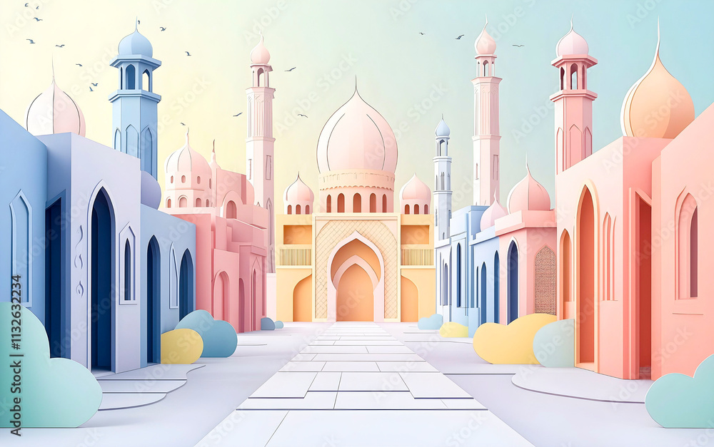 Fototapeta premium Happy Ramadan Kareem concept. 3D design of paper cut mosque in pastel colors. Greeting card for social media or website wallpaper banner.