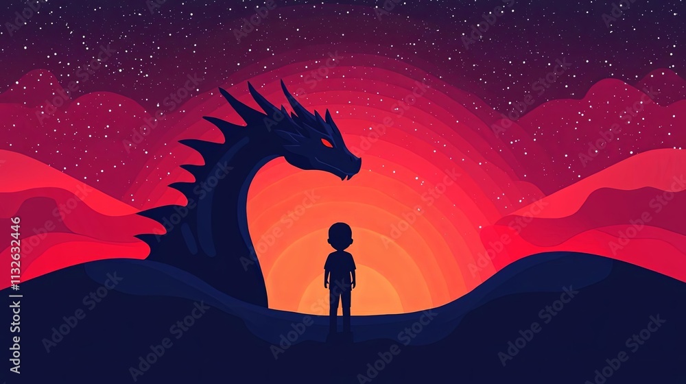 Naklejka premium A magical scene featuring a boy and a dragon against a vibrant sunset backdrop.