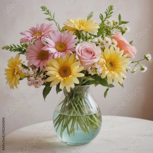 Wallpaper Mural Pastel-colored flowers arrangement in a glass vas, A delicate bouquet of pink and yellow flowers in a glass vase rests amidst pastel-colored eggs and soft pink feathers Torontodigital.ca