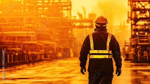 Back view of worker at sunrise in large refinery photo