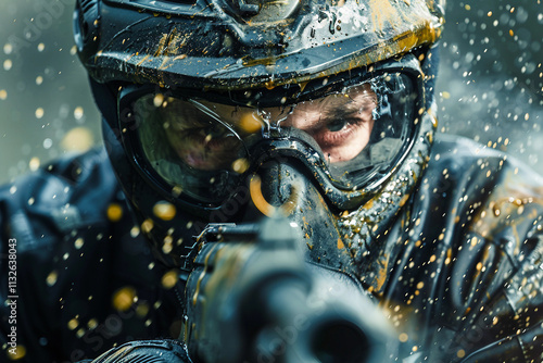 Dynamic paintball player in action with vibrant splashes of color - Generative AI artwork photo