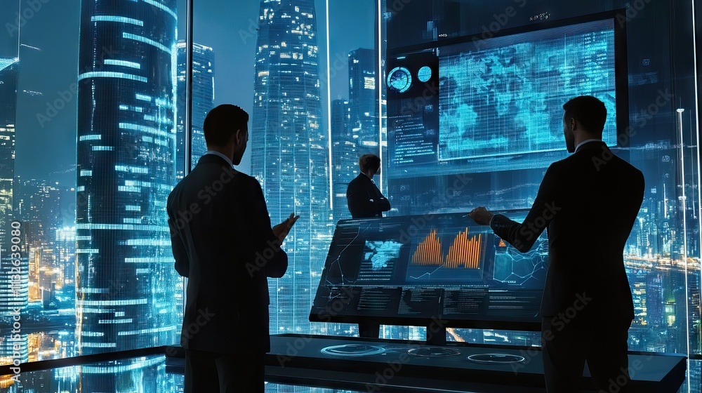 Fototapeta premium Businessmen strategizing using digital futuristic screens