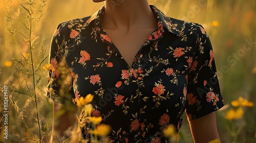 Woman in a floral shirt standing in a field at sunset. The warm light illuminates the flowers on her dress and the tall grass around her. A peaceful and serene scene.