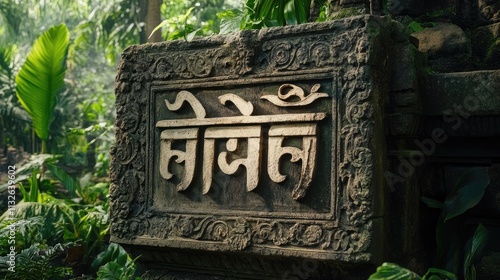 Intricate stone carving with ancient script, nestled within lush green foliage.  The aged stone contrasts beautifully with the vibrant greens.