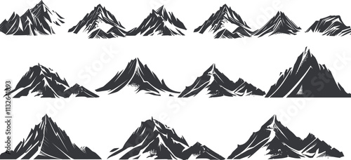 Mountain peak vector illustrations, rugged outdoor designs, abstract highland silhouettes, black and white graphic icons for adventure landscapes.