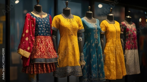 Vibrant collection of women's ethnic wear displayed on mannequins. Rich colors and intricate details showcase the beauty of traditional Indian fashion.