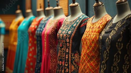 A row of colorful women's dresses on display, showcasing intricate embroidery and vibrant patterns. The rich textures and hues create a luxurious and visually appealing scene.