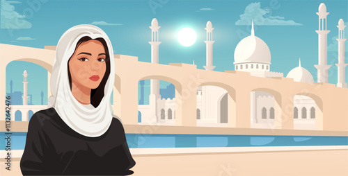 Woman in a white hijab and black attire depicted against a backdrop of Islamic architecture, featuring domes, arches, and a serene sky. Vector illustration