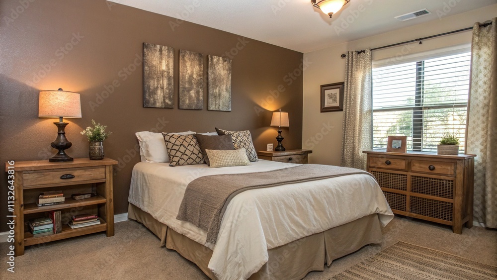 Fototapeta premium Cozy bedroom designed with mocha mousse accents, featuring warm lighting and inviting decor elements. Interior of a bedroom