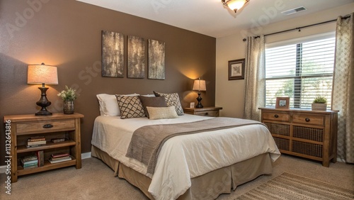 Cozy bedroom designed with mocha mousse accents, featuring warm lighting and inviting decor elements. Interior of a bedroom