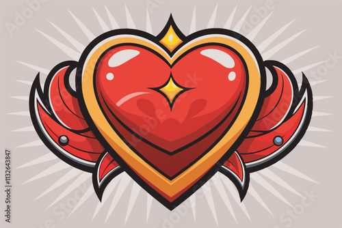 An intricate ornamental design with a red heart, golden frame, crown, wings (mechanical and feathered), on a grey background, exudes regal and emotional vibes.