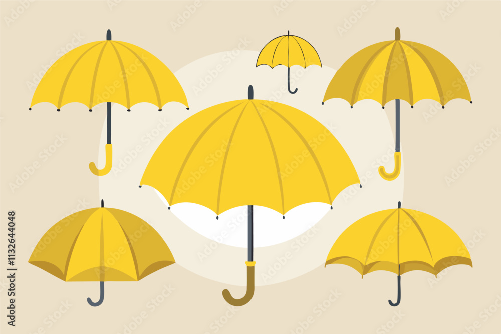 Obraz premium A dynamic and visually appealing image of yellow umbrellas of different sizes and states against a yellow backdrop with a beige border.