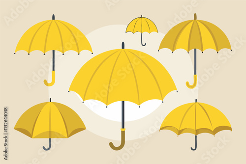 A dynamic and visually appealing image of yellow umbrellas of different sizes and states against a yellow backdrop with a beige border.