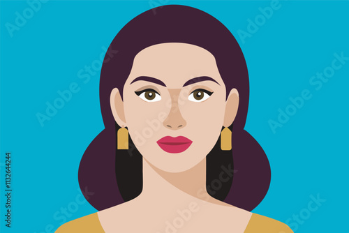 Digital drawing of a woman with brown hair and eyes, wearing yellow top and red lipstick. Serious expression, sleek ponytail, fair complexion.