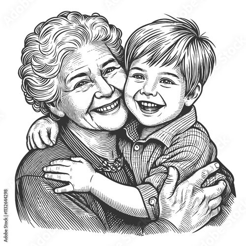Grandmother sharing a loving hug with her smiling grandchild, generational love and family bonds sketch engraving generative ai vector illustration. Scratch board imitation. Black and white image.